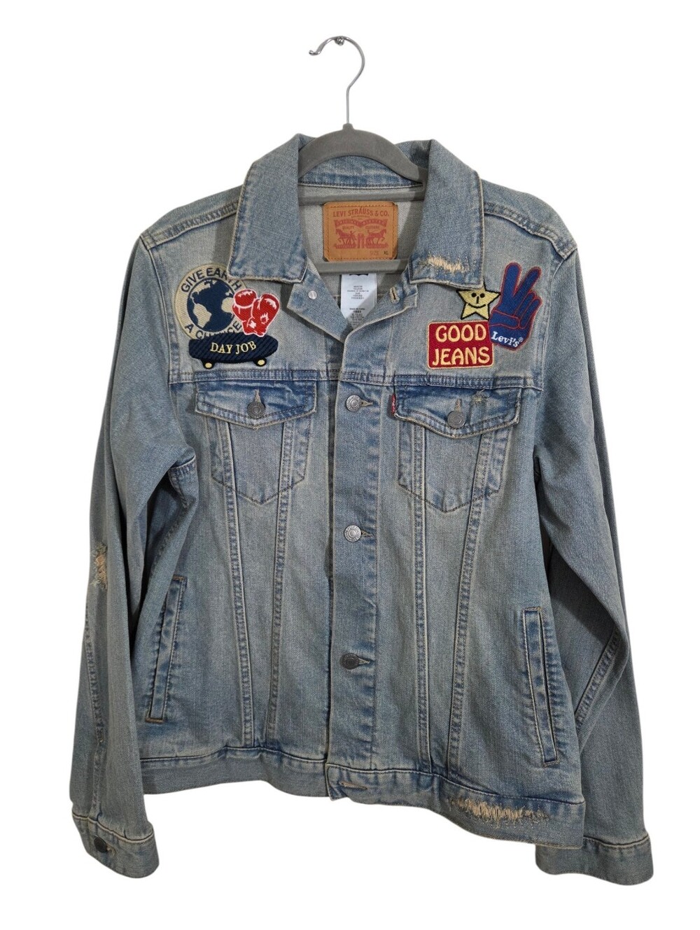 NWT Levi's Denim Trucker Jean Jacket Distressed Girls Size XL Retro Hippie